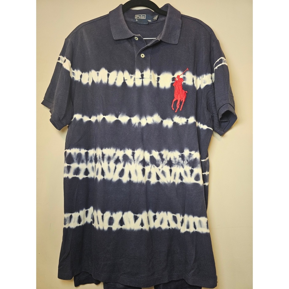 Polo Ralph Lauren Mens Custom Fit Tie Dye Big Pony Polo Shirt Navy Blue Large